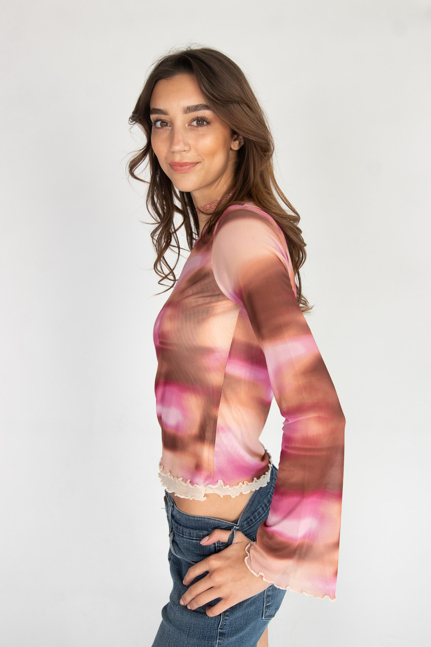 Long Sleeve Double Layer Printed Mesh Top