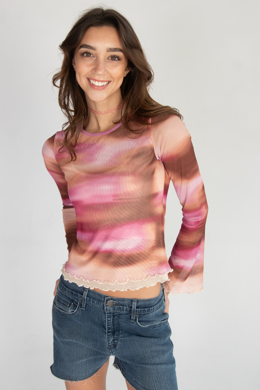 Long Sleeve Double Layer Printed Mesh Top