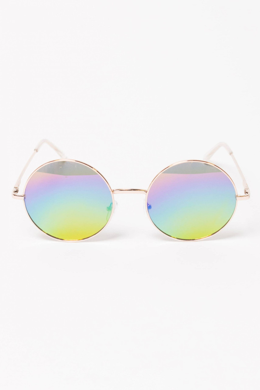 Mid Sized Metal Lennon Style Flash Mirror Round Sunglasses - sunglass.la