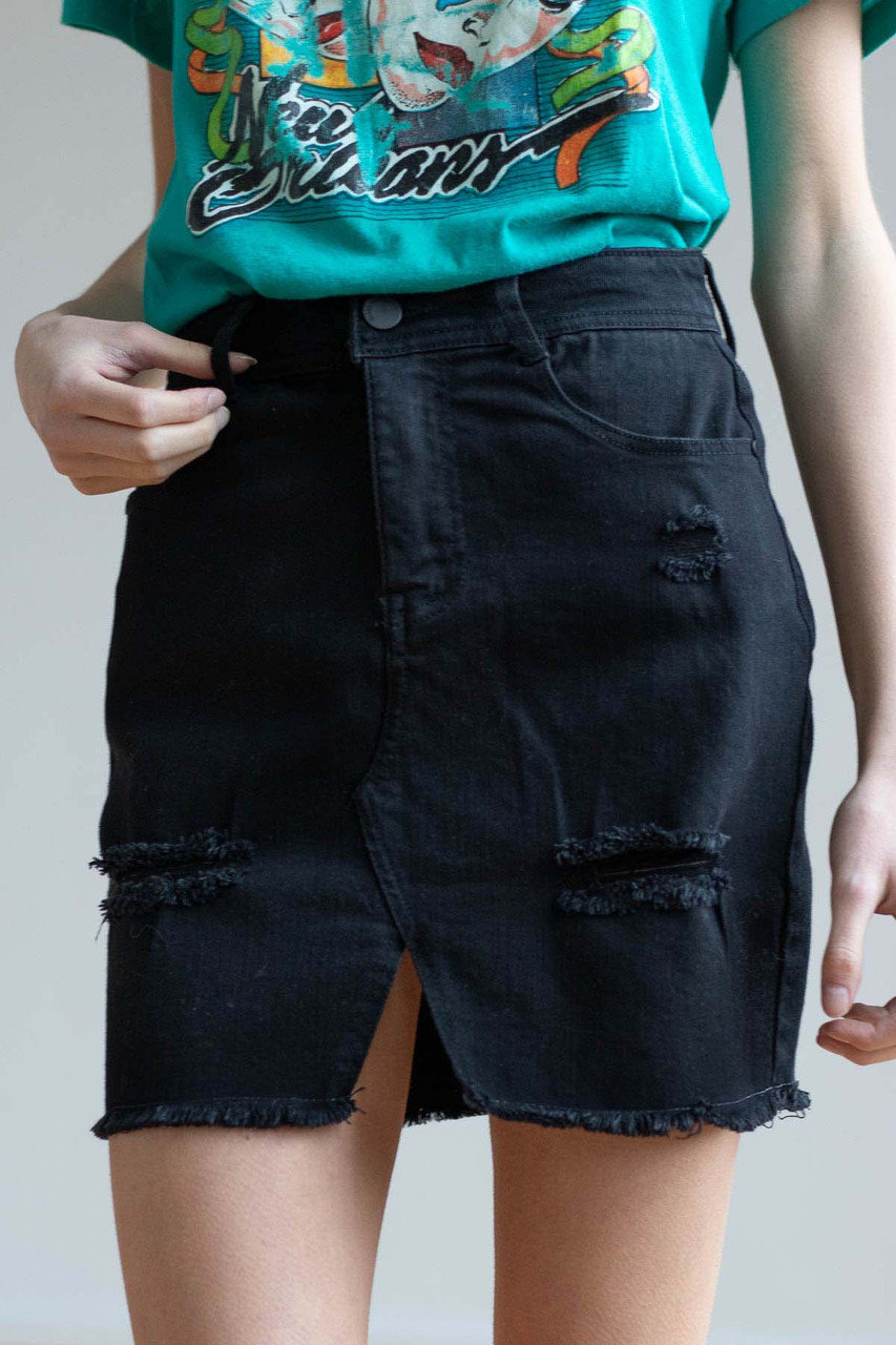 Black Distressed Denim Split Front Skirt