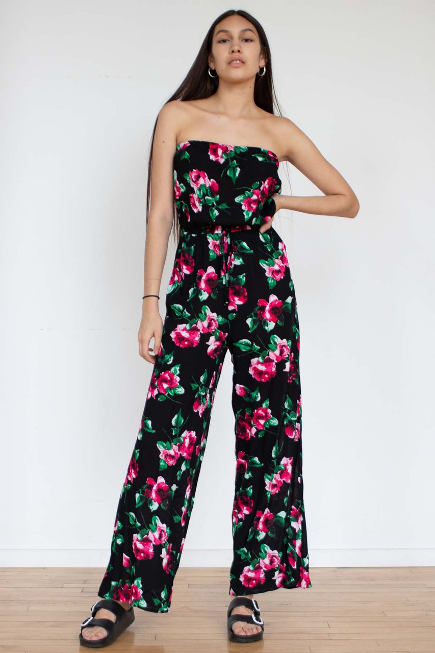 Black Floral Strapless Jumpsuit - Ragstock.com