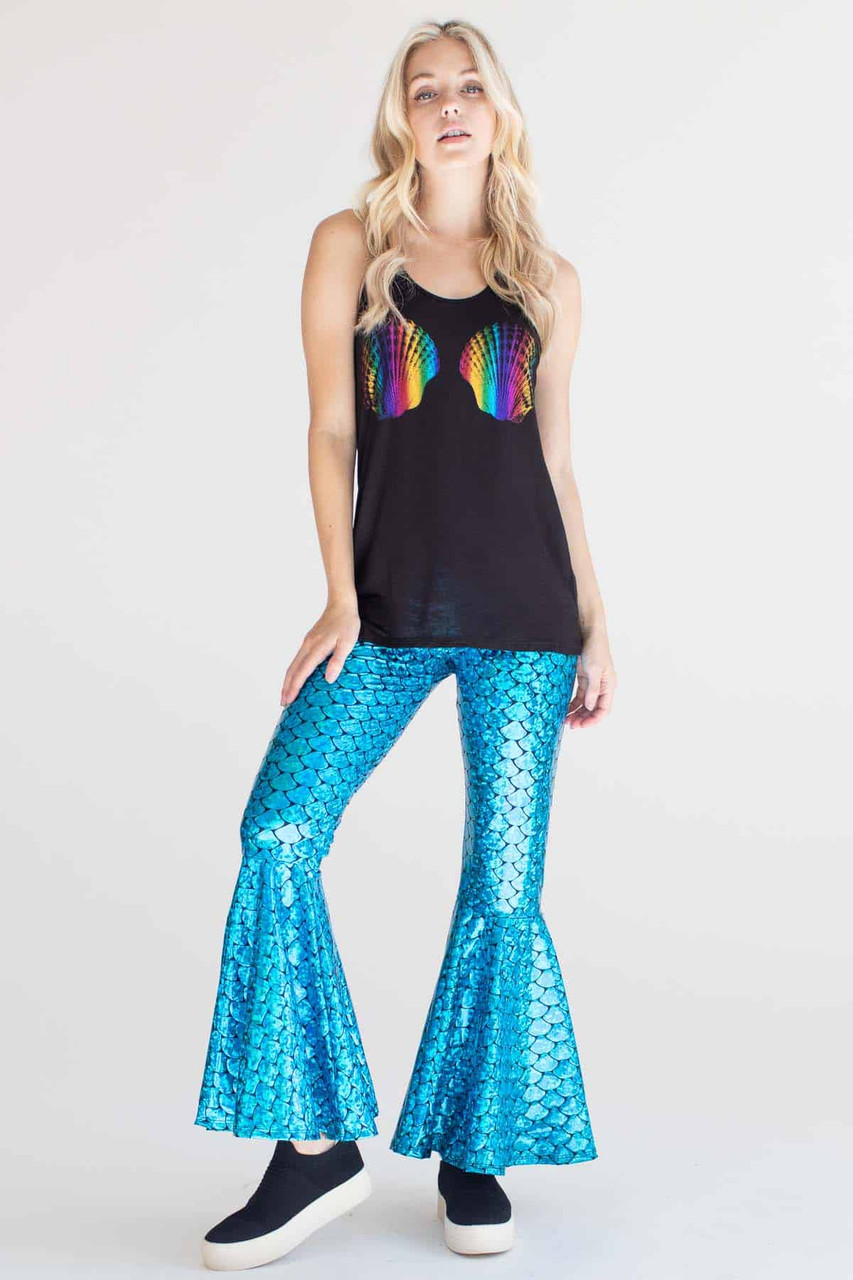 Mermaid Bell Bottom Flares, Flared Holographic Mermaid Leggings