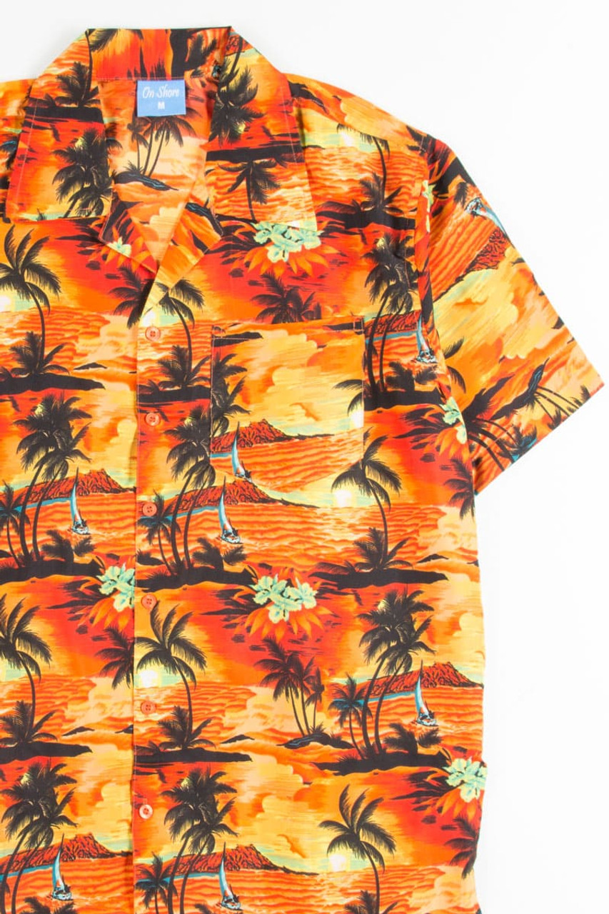 Makai Fashion Hawaiian Leaves Orange Poly Cotton Men's Hawaiian Shirt , XS