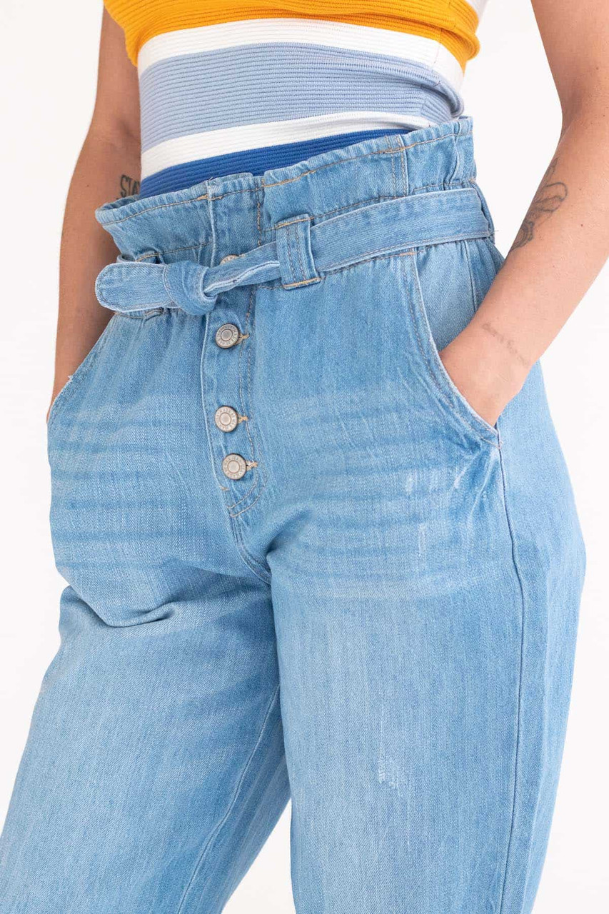 Belted Paper Bag Waist Denim Jeans - Ragstock.com