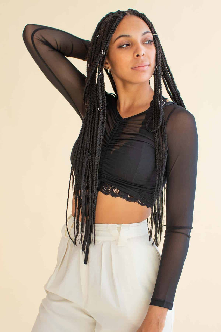 Black Cinch Front Diamond Mesh Crop Top