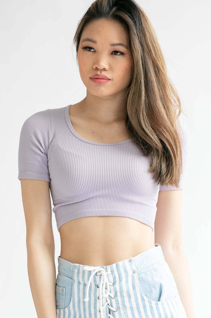 Lilac Ribbed Seamless Scoop Neck Crop Tee 