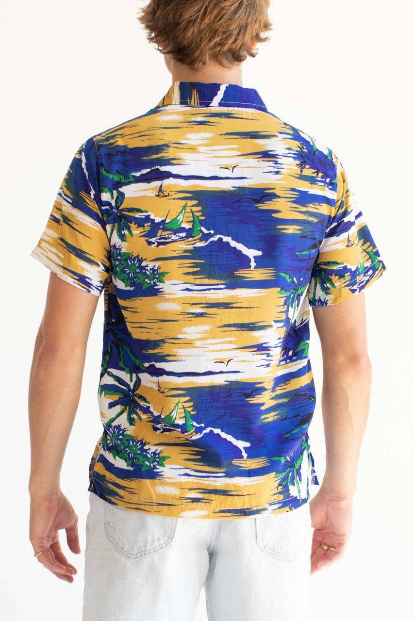 Blue & Mustard Beach Scene Hawaiian Shirt - Ragstock.com