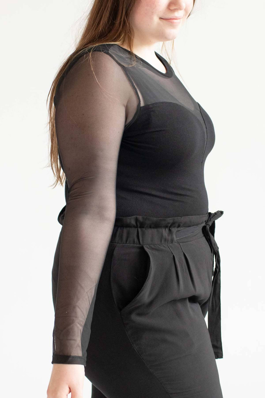 Black Lace Mesh Long Sleeve Bodysuit, Tops