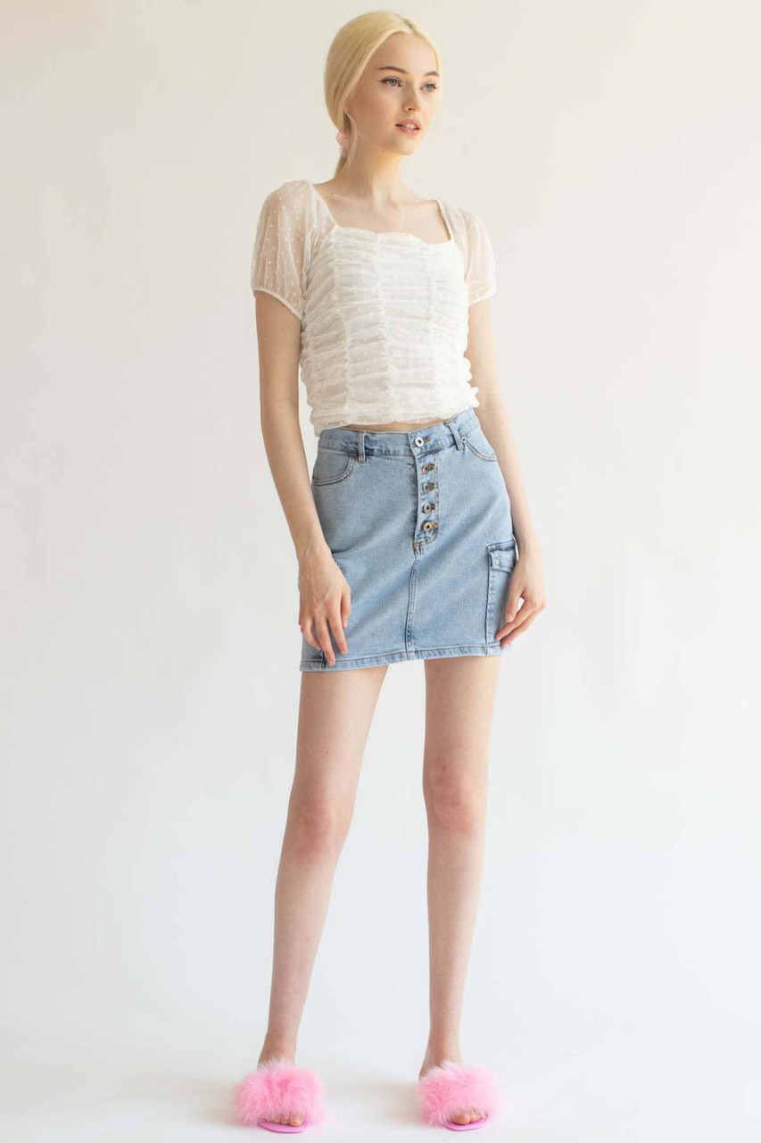 White Mesh Dot Ruched Top - Ragstock.com