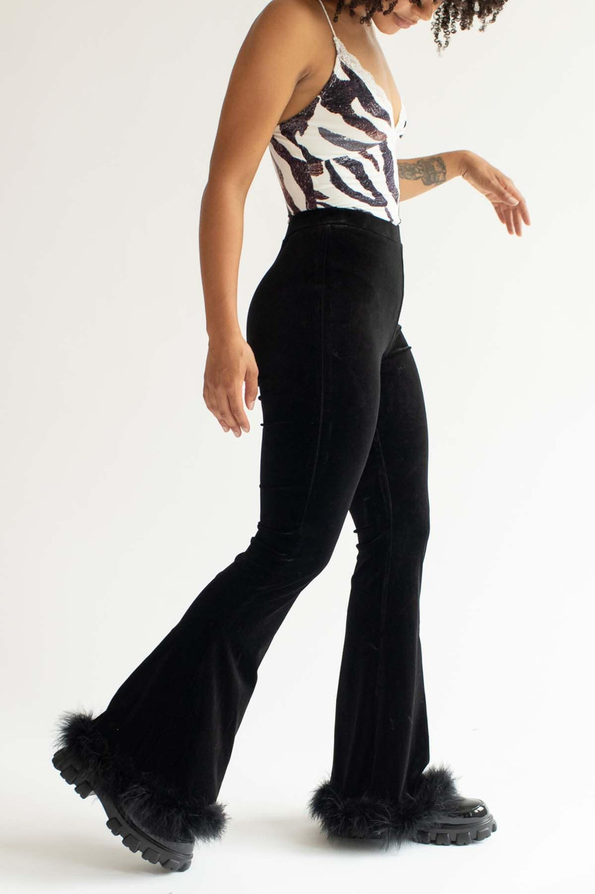 Fur Trimmed Black Velvet Bell Bottoms