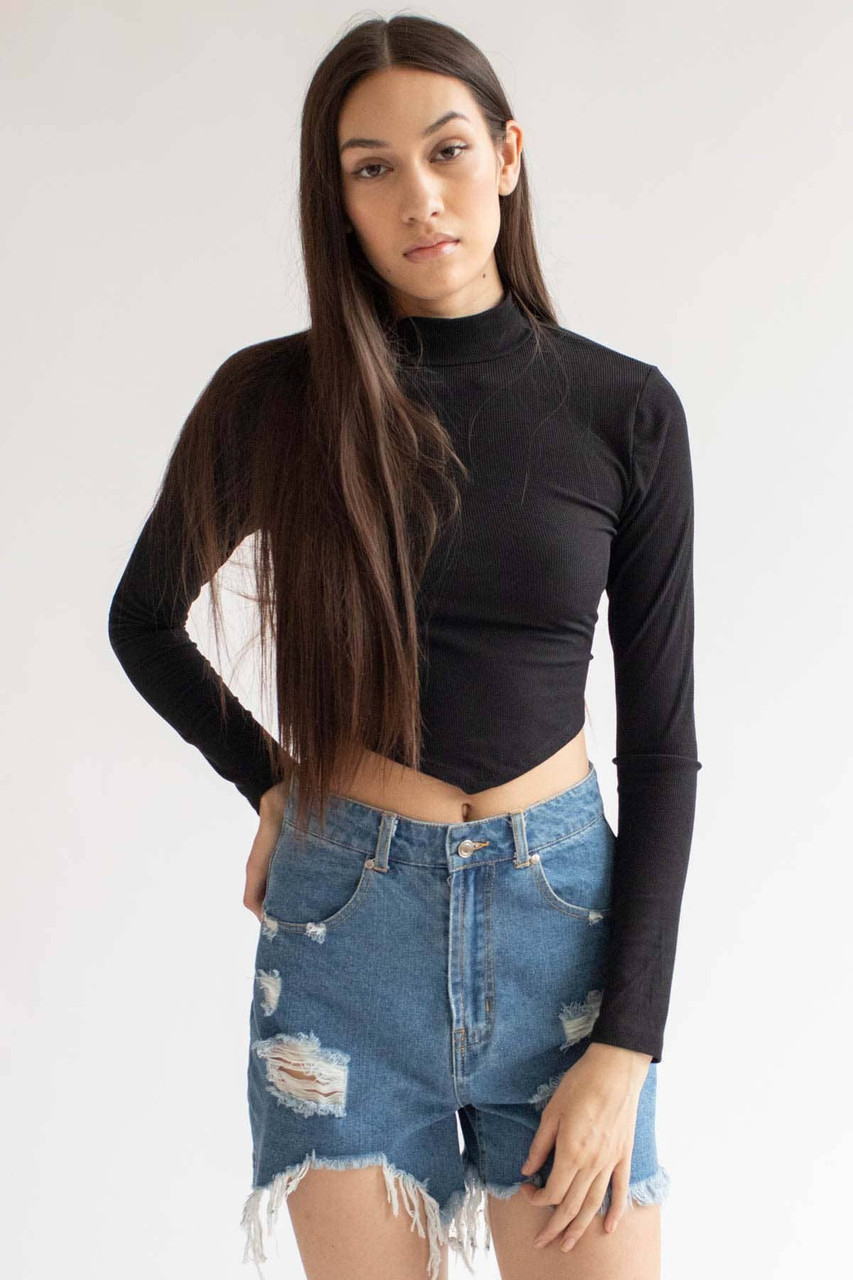 Black Backless Crop Top, Backless Long sleeve top