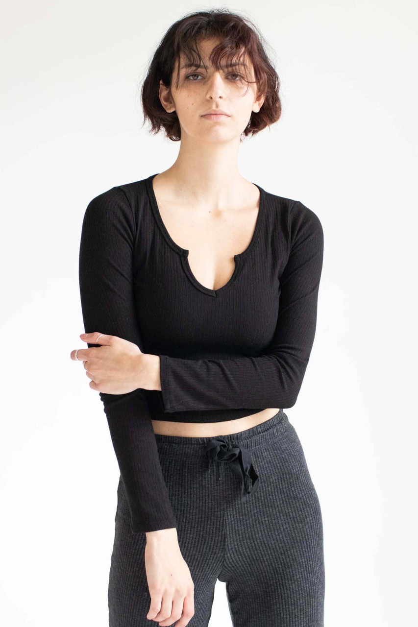 Black Notched Neck Long Sleeve Top