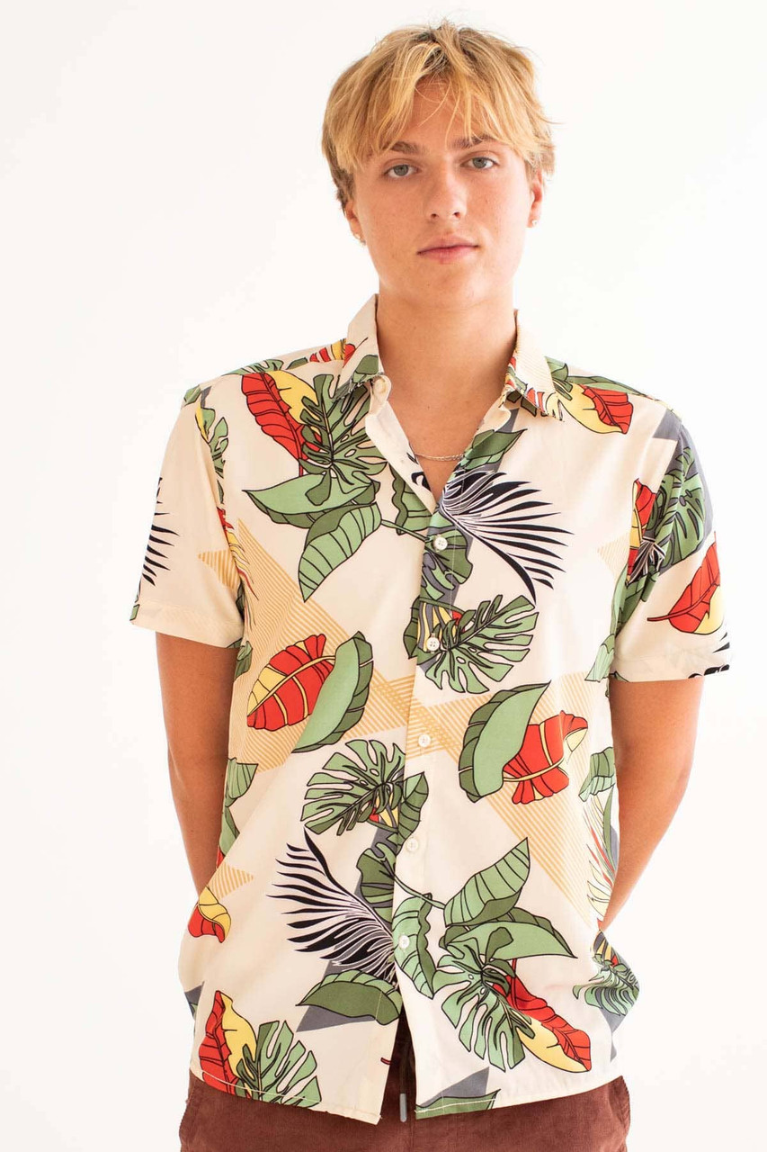 Tan Leaves Triangle Print Button Up Shirt - Ragstock.com