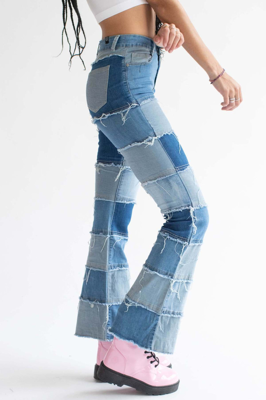 Women Mid Waist Stretchy Patchwork Denim Bellbottom Jeans Pants