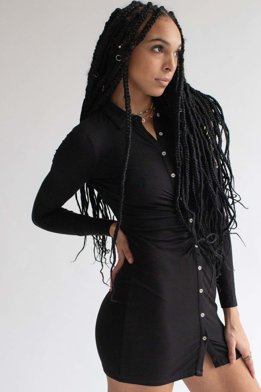 Black Ruched Long Sleeve Shirt Dress - Ragstock.com