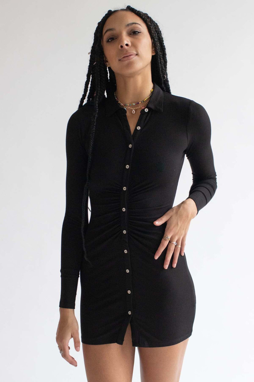 Black Ruched Long Sleeve Shirt Dress - Ragstock.com