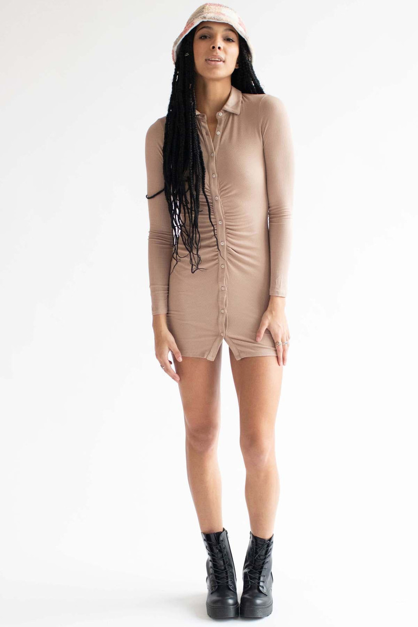 Taupe Ruched Long Sleeve Shirt Dress - Ragstock.com