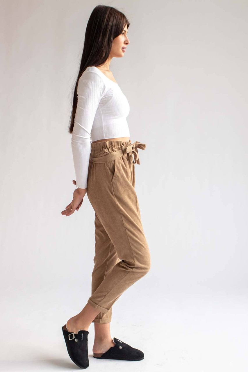 Womens Khaki High Rise Paper Bag Waist Pocketed Casual Pants