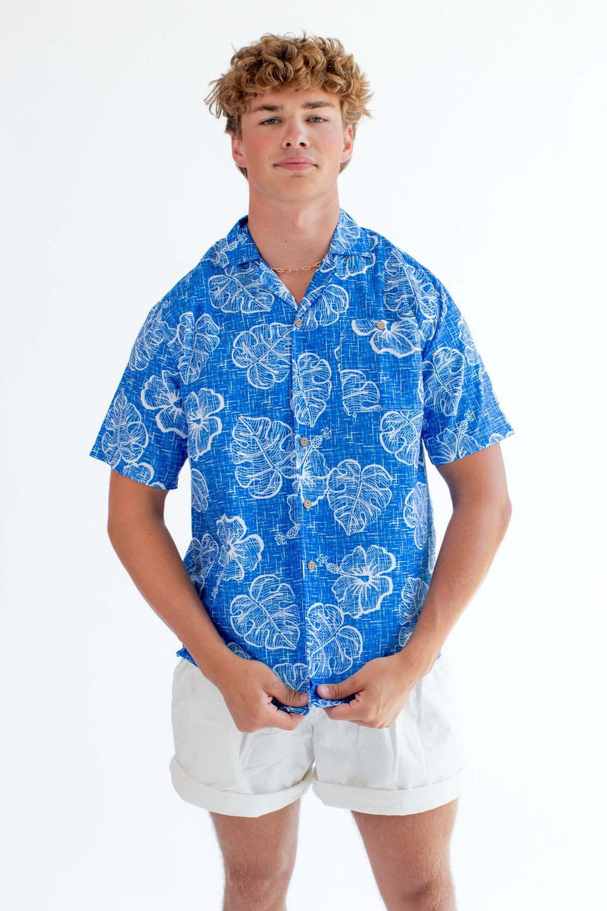 Blue Sketched Floral Hawaiian Shirt - Ragstock.com