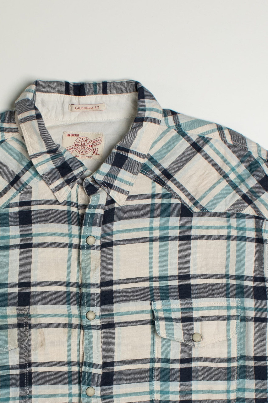 Vintage Lucky Brand White and Blue Flannel Shirt