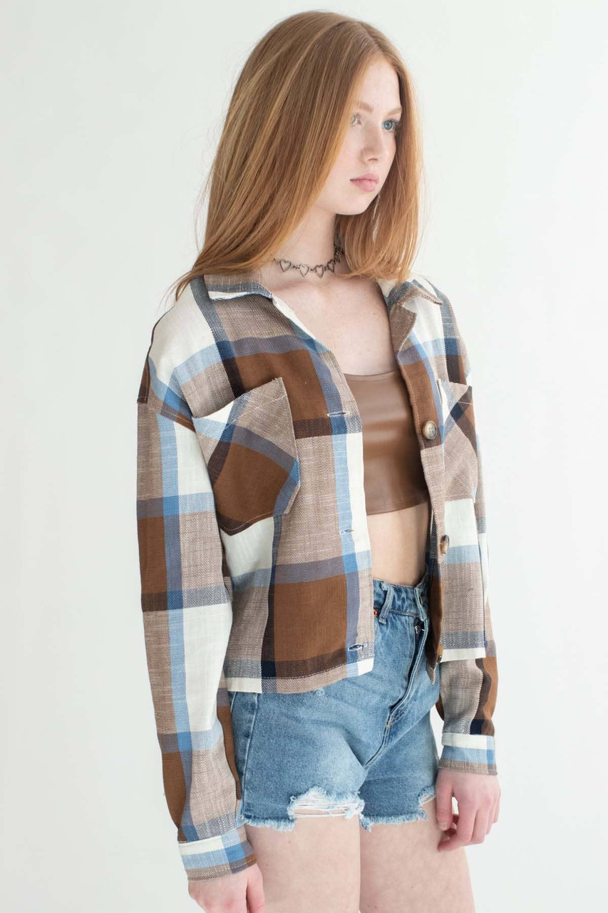 Blue & Brown Linen Blend Plaid Cropped Jacket 