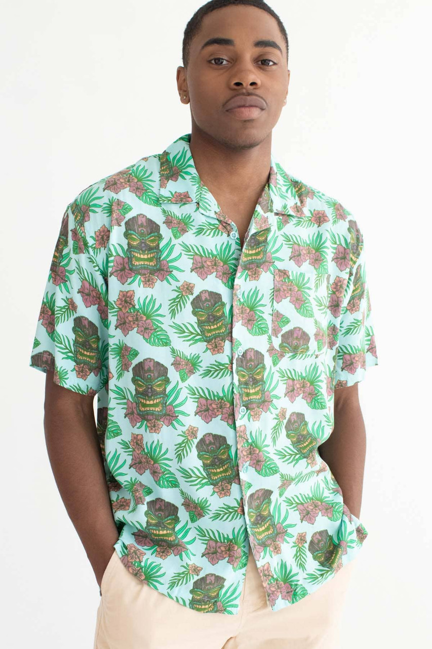 Blue Tiki Print Hawaiian Shirt