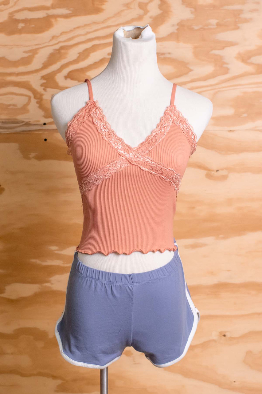 Brown Seamless Lace Trim Crop Cami