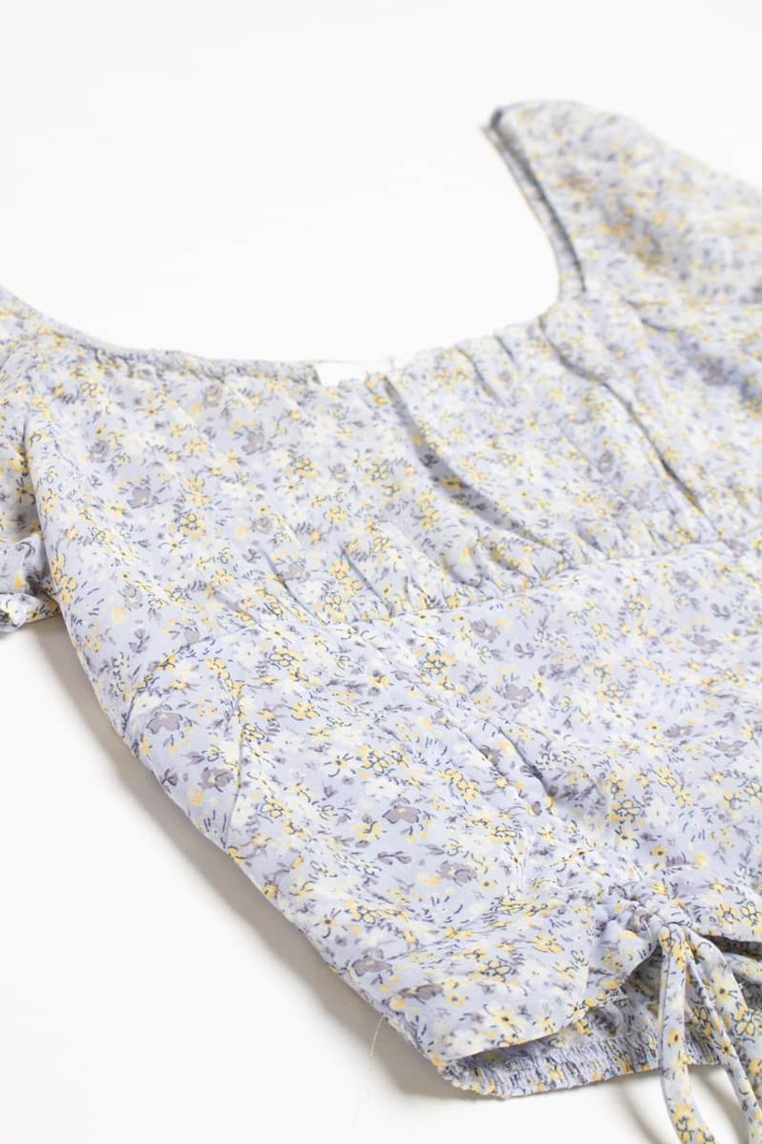 Blue Floral Milkmaid Cinched Cropped Top - Ragstock.com