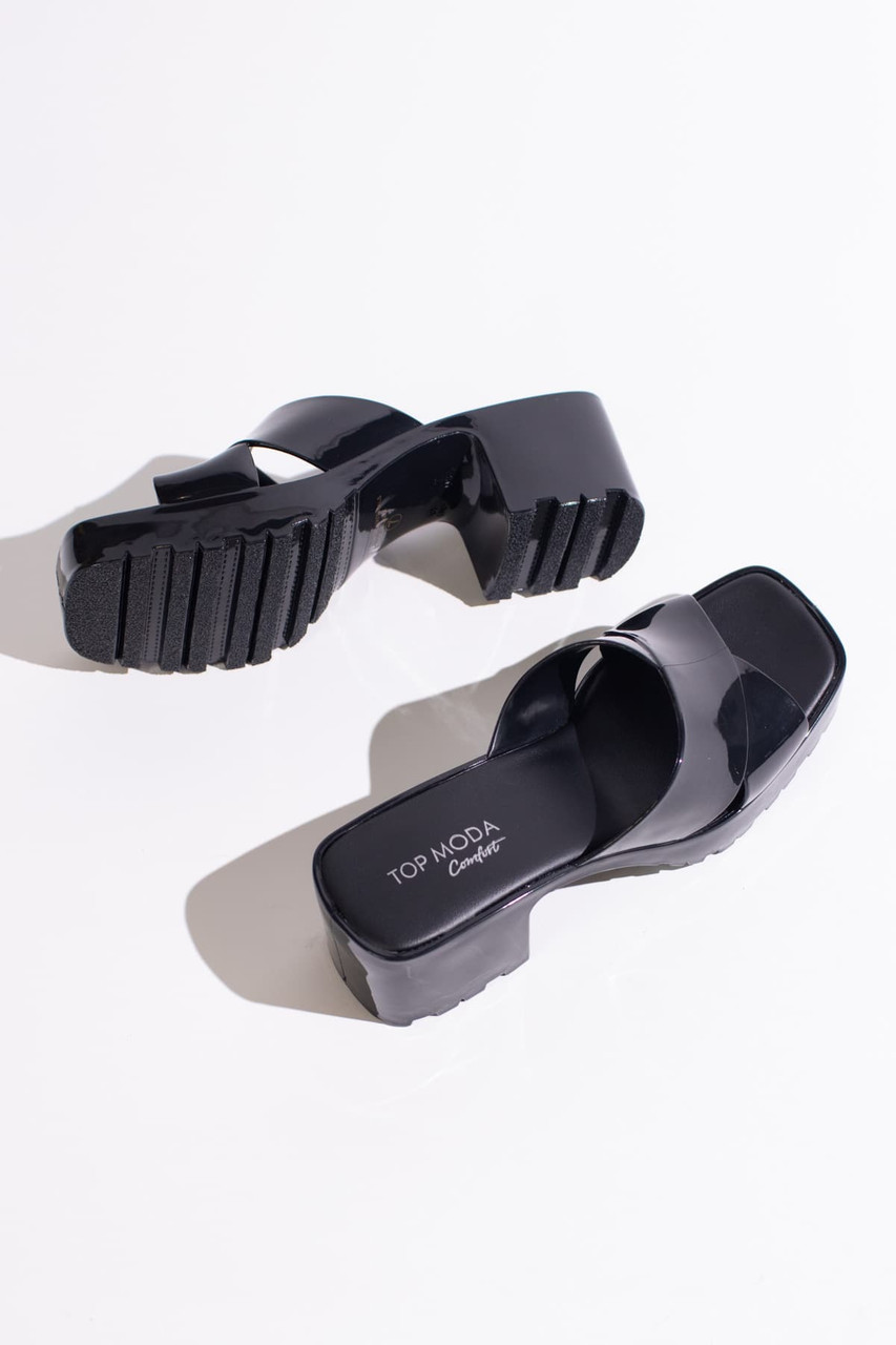Black Plastic Chunky Heel Slides - Ragstock.com
