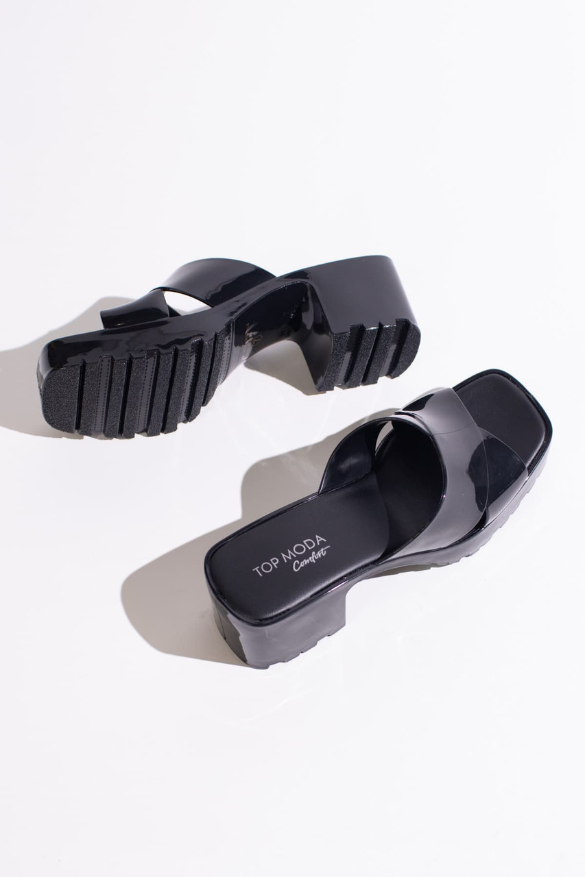 Black Plastic Chunky Heel Slides