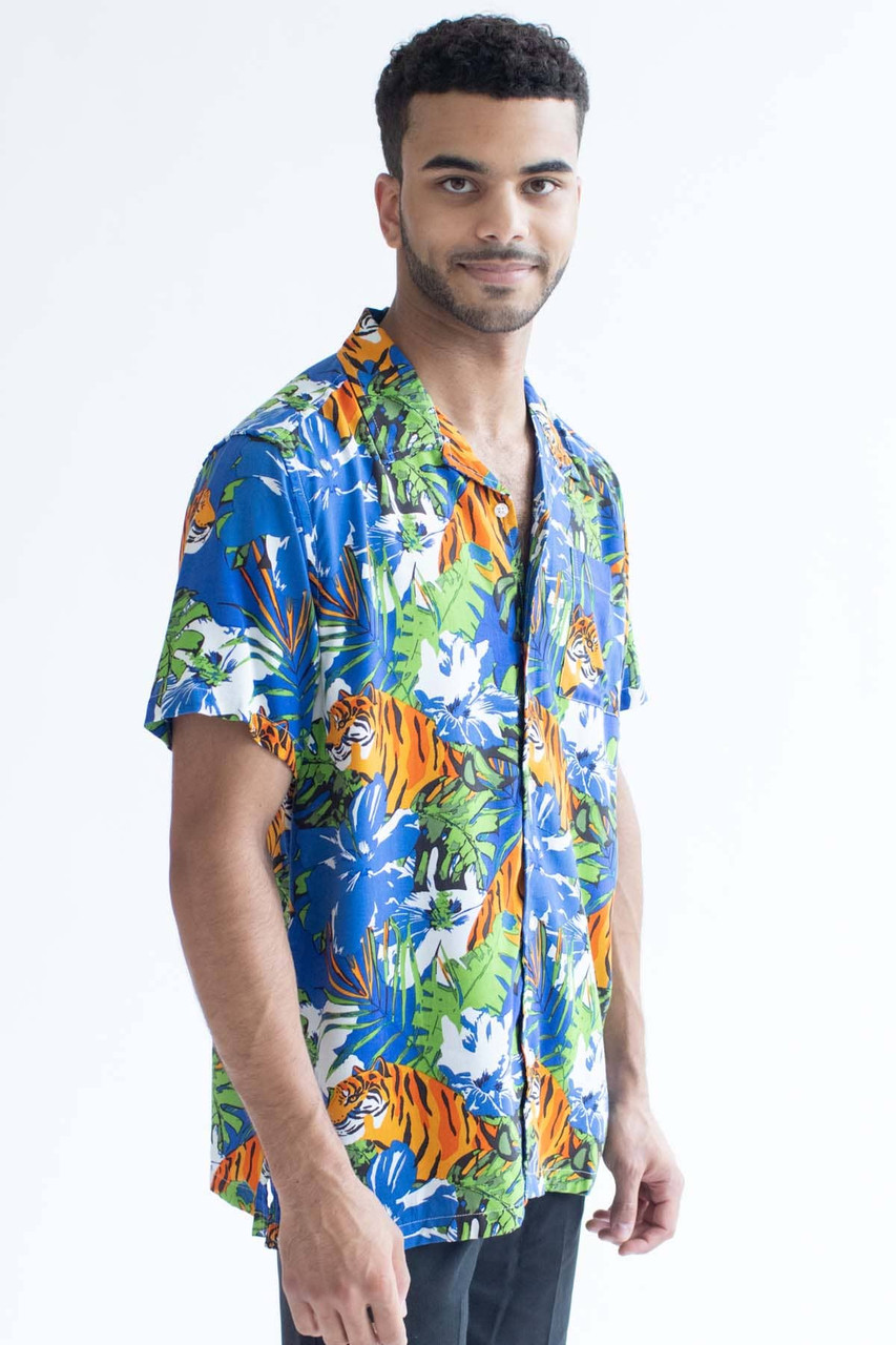 Bright Blue Tropical Tiger Hawaiian Shirt 