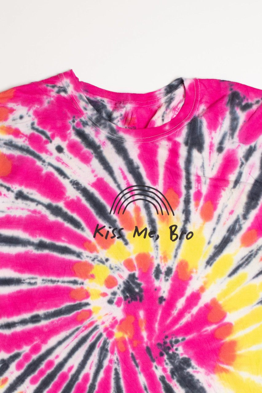 Kiss Me Bro Yellow and Pink Tie Die Screen Print T-Shirt