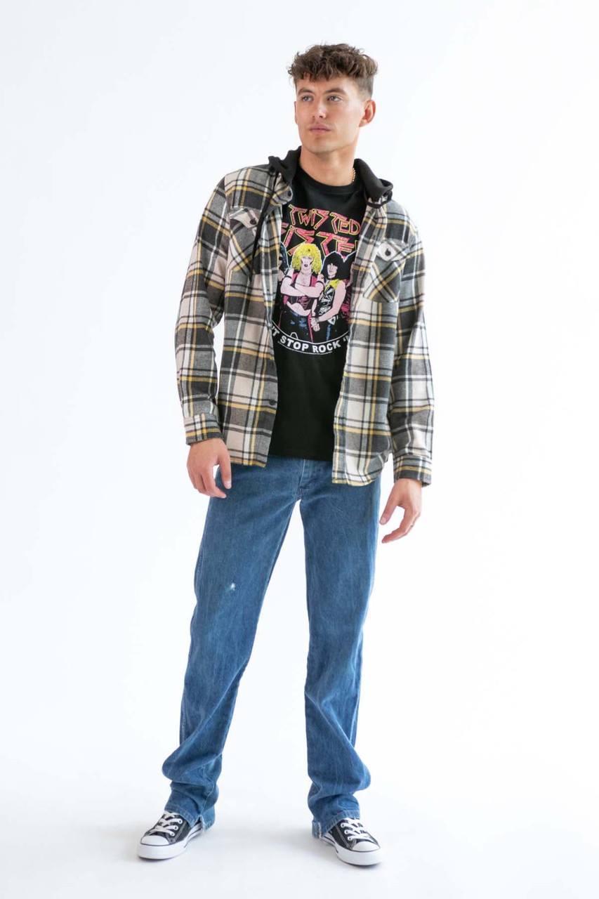 Charcoal Yellow Hooded Flannel Shirt