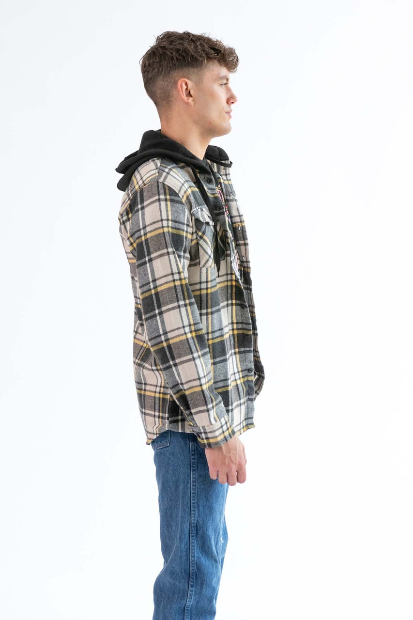 Charcoal Yellow Hooded Flannel Shirt - Ragstock.com