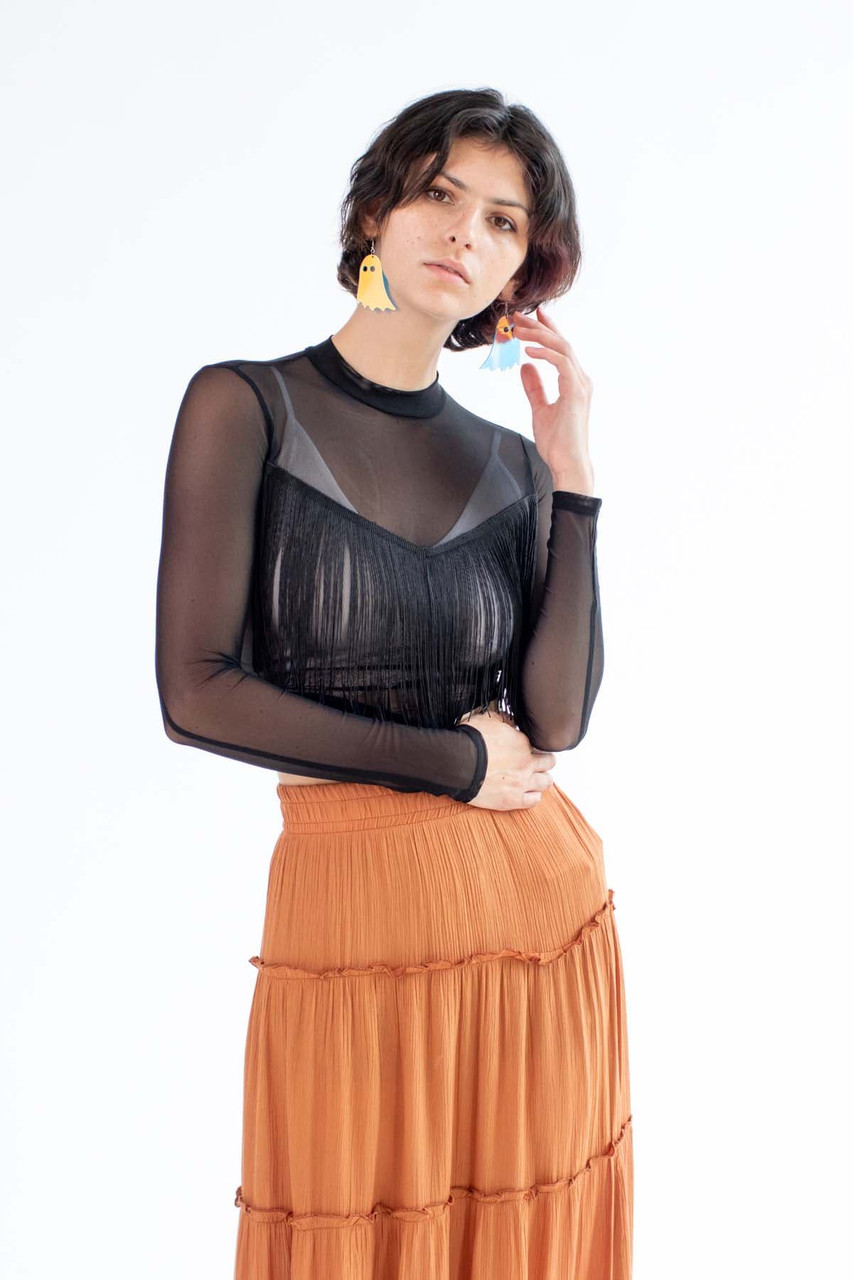 Black Long Sleeve Fringe Trim Mesh Top - Ragstock.com