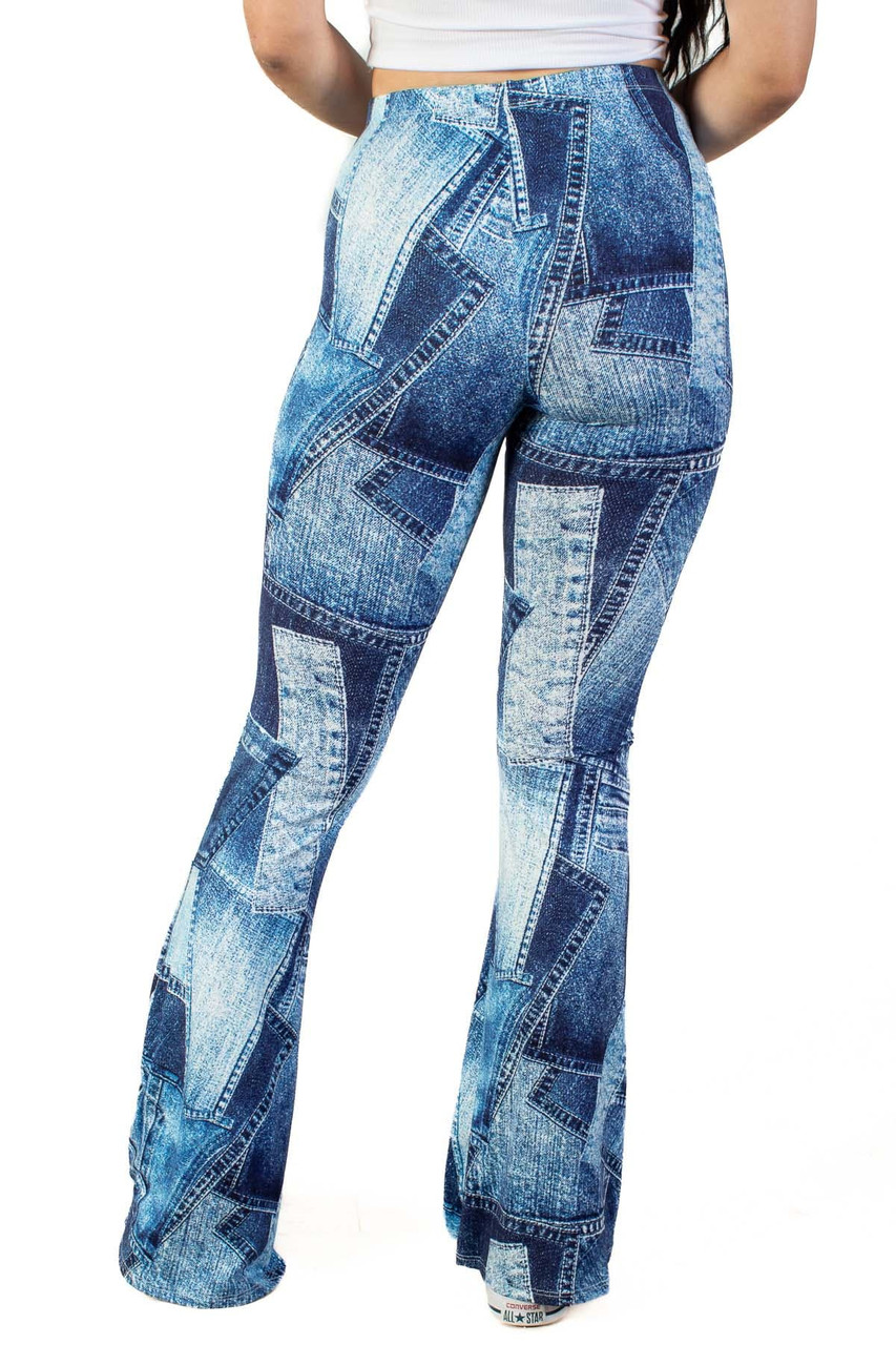 Patchwork Denim Print Flare Pants