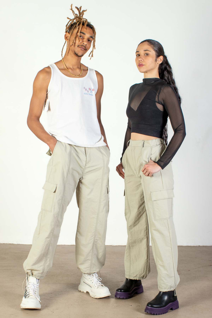 Khaki Nylon Cargo Parachute Pants