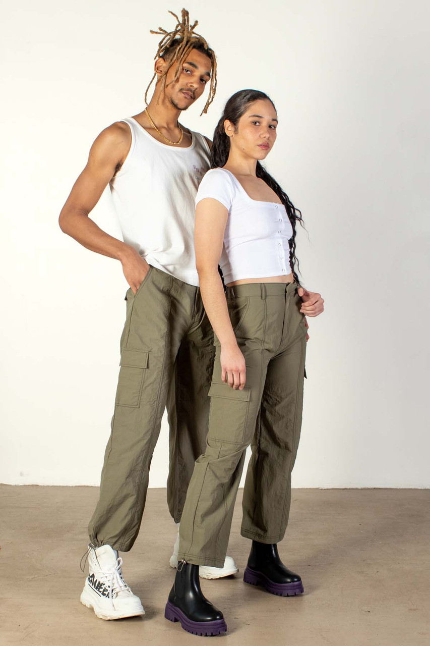 Olive Green Nylon Cargo Parachute Pants