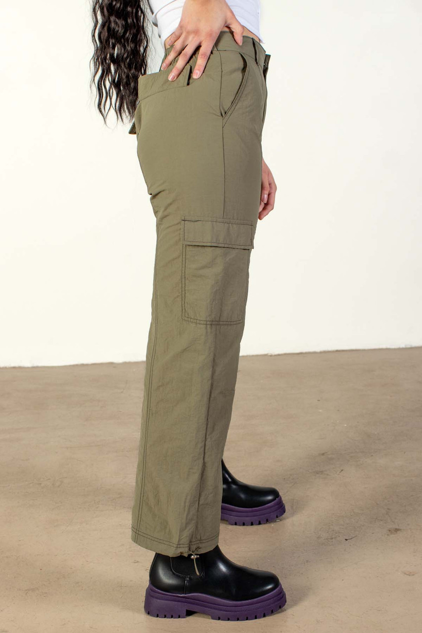 Olive Green Nylon Cargo Parachute Pants