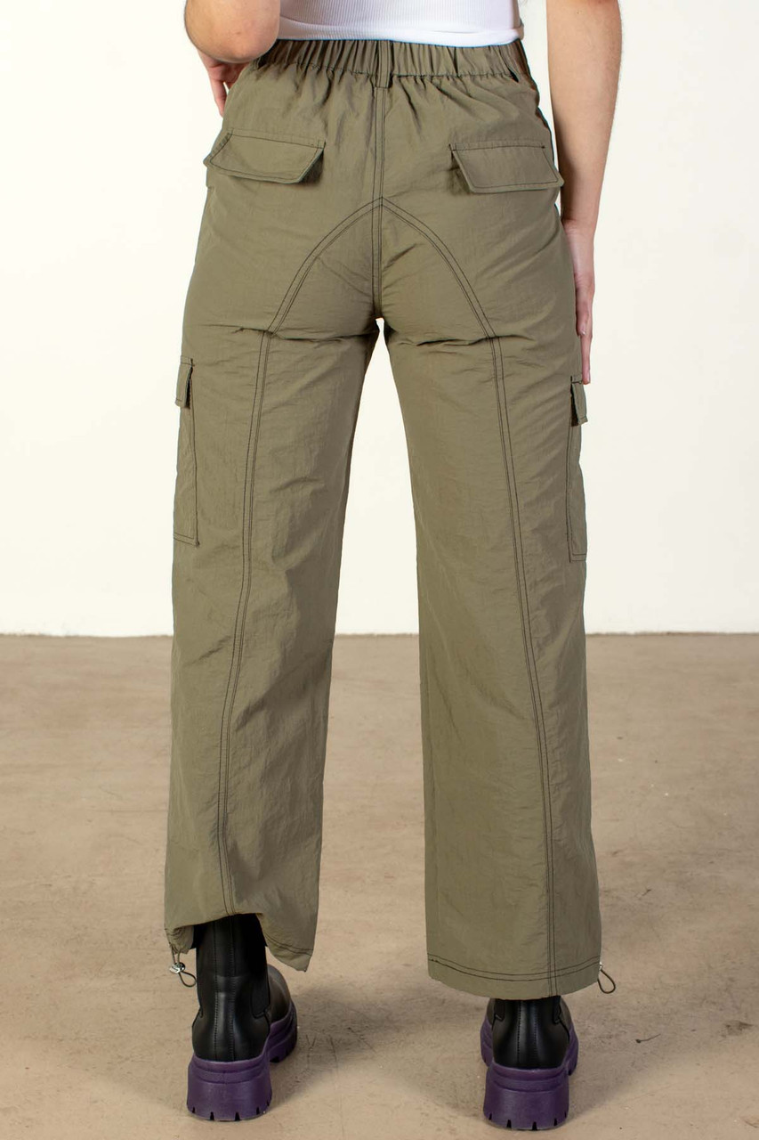 Olive Green Nylon Cargo Parachute Pants