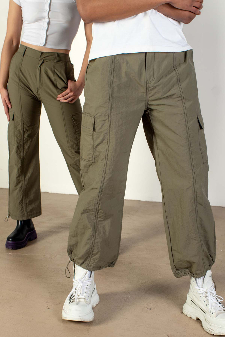 Olive Green Nylon Cargo Parachute Pants