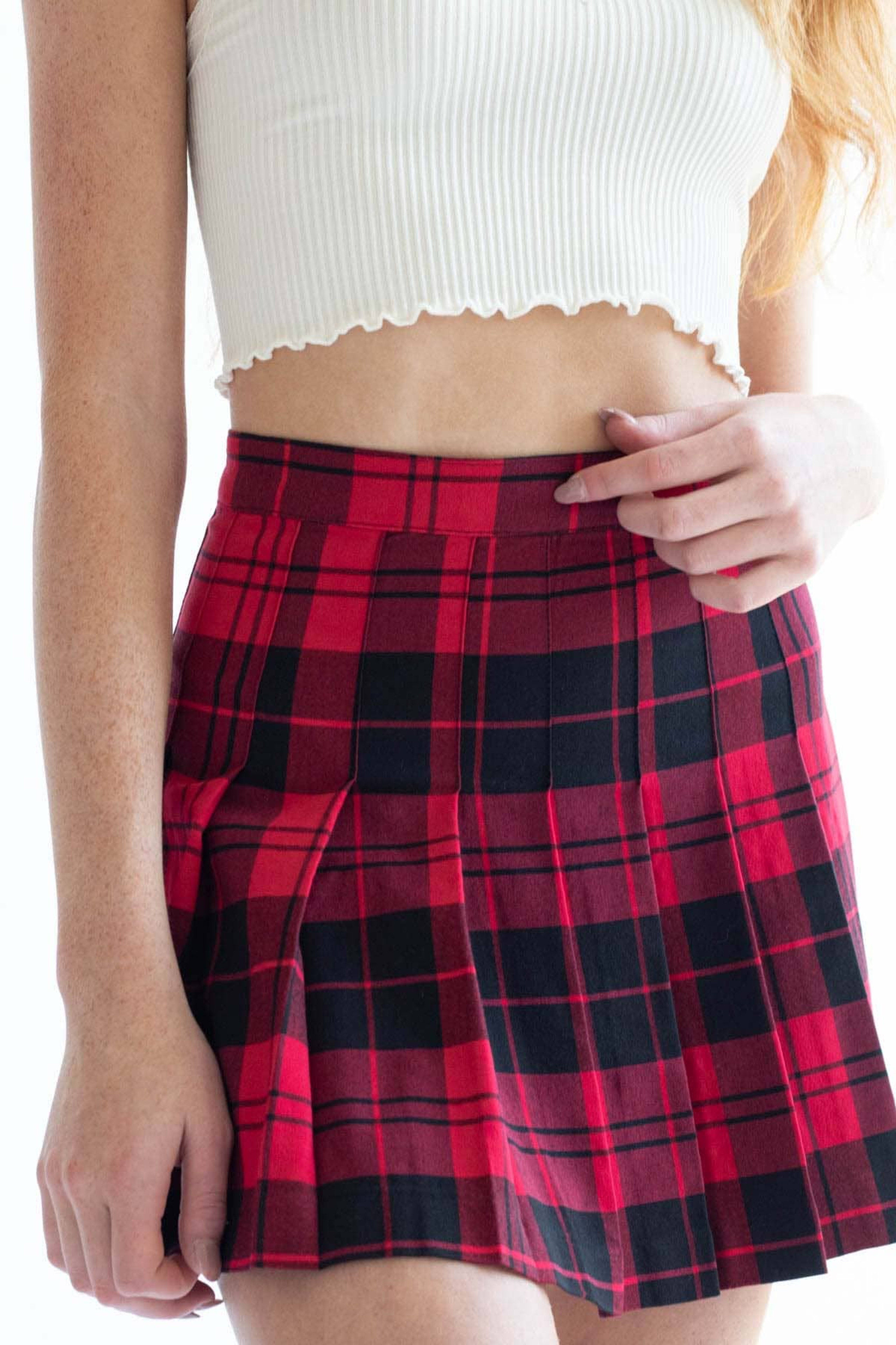 Red Plaid Pleated Skirt