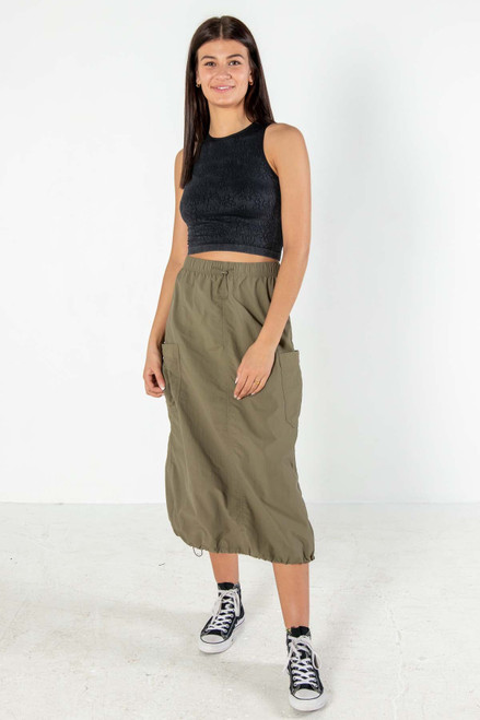 Black Nylon Cargo Maxi Skirt