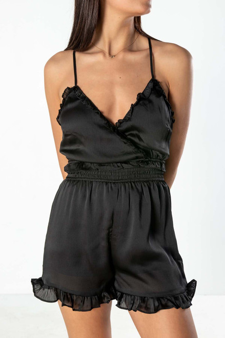 Black Ruffle Trim Cami Romper