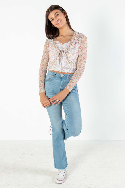 Floral Mesh Tie Front Top