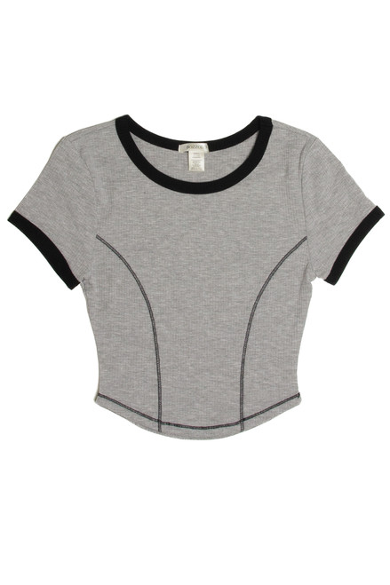 Gray Ribbed Contrast Seams Ringer Tee