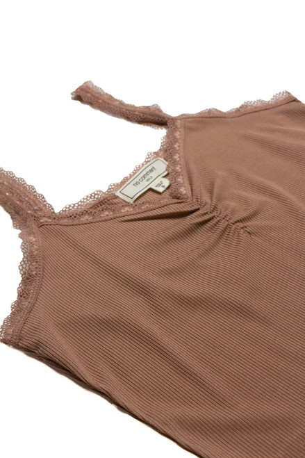 Brown Ruched Lace Trim Cami