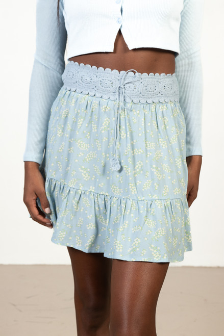 Blue Crochet Top Floral Mini Skirt