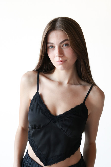 Black Silky Lace Tie Back Crop Top