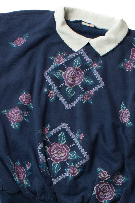 Vintage Collared Rose Graphic Grandma Sweatshirt (1990s)